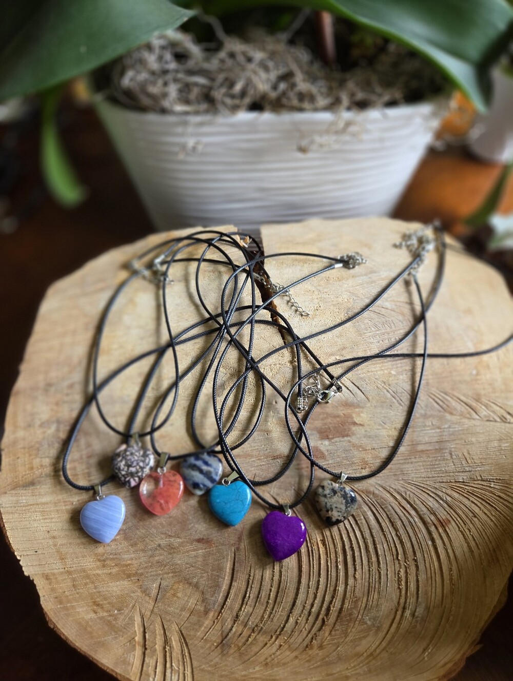 Handcrafted Set Of 7 Stone Heart Pendant Necklaces